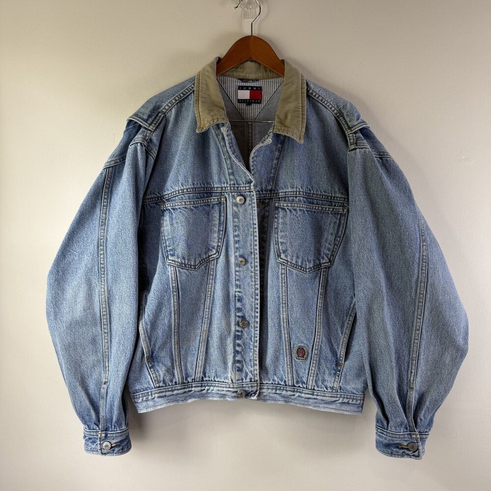 Vintage 90s Tommy Hilfiger Oversized Denim Trucker Jacket Tan Collar, L